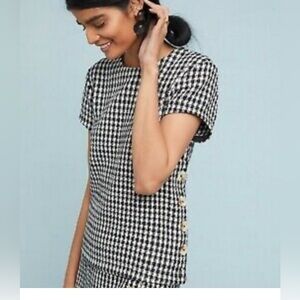 Anthropologie Maeve Townsend Black White Houndstooth Short Sleeve Top Boxy Sz 2